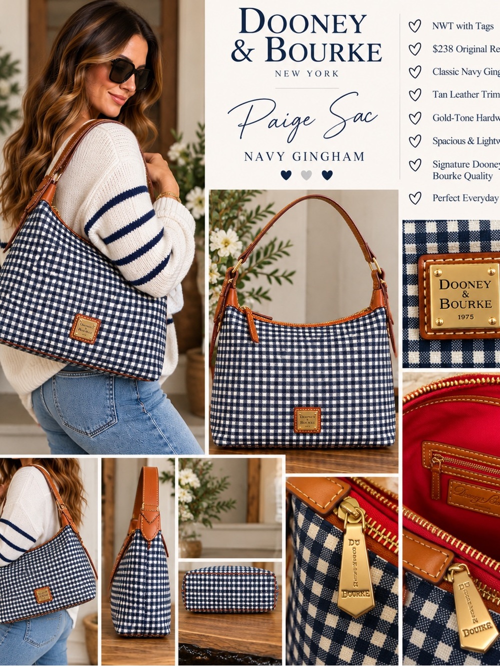 Dooney & Bourke Paige Sac Navy Gingham Shoulder Bag NWT